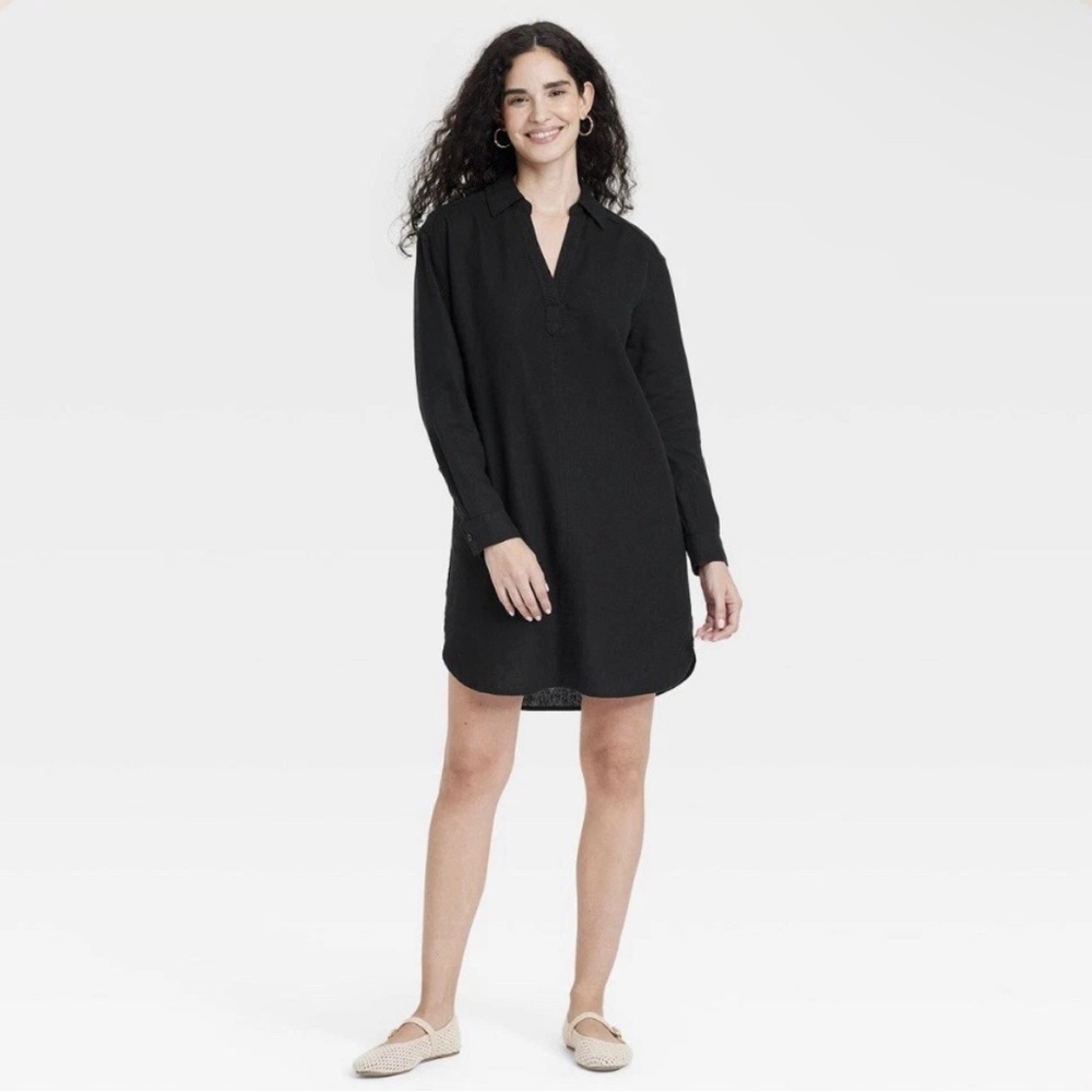 Universal Thread Women’s Long Sleeve Mini Shirtdress Linen Blend Black Size S